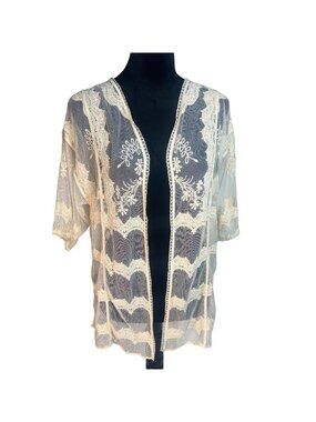 Yaira Cream Lace Open Front Cardigan Boho Short Sleeve Crochet Shrug Small